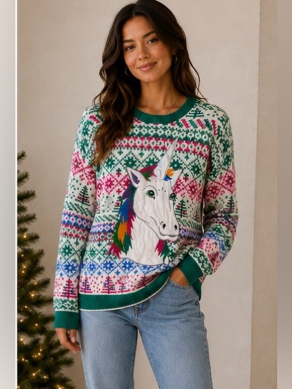 Blizzard Bay Unicorn Rainbow Ugly Christmas Sweater L